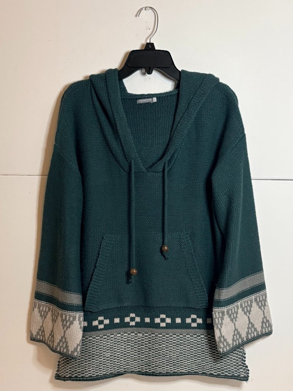 Earthbound Cozy Green Cowl Neck Hoodie Tribal Pattern Hem Sweater Size L